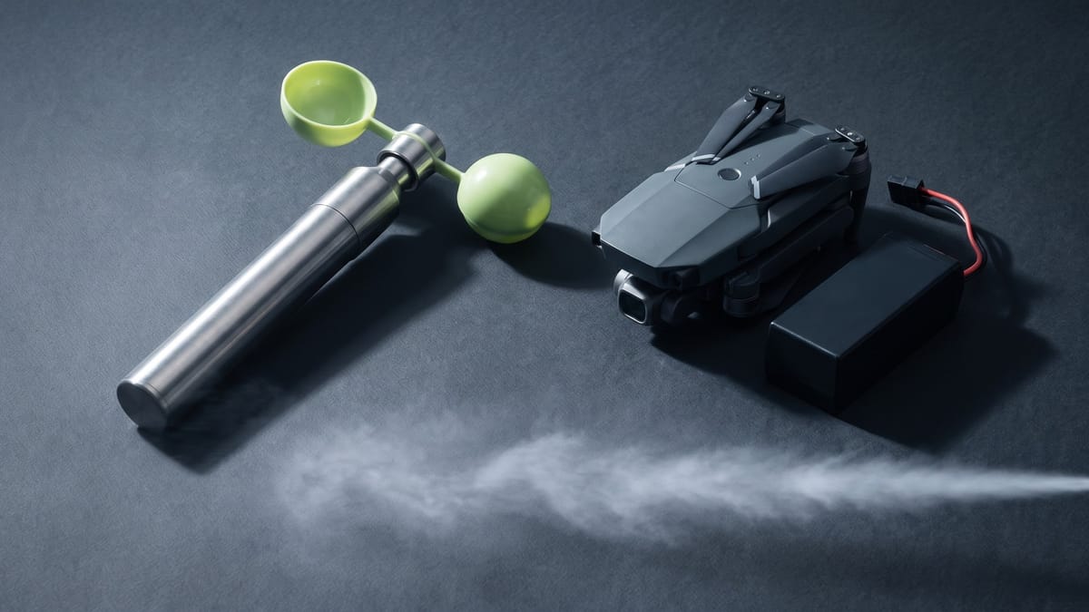 Anemometro a coppette, piccolo drone e batteria su fondo grafite con velo di foschia