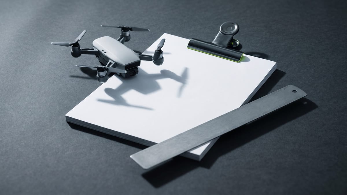Fogli bianchi con clip metallica, righello e piccolo drone su fondo grafite