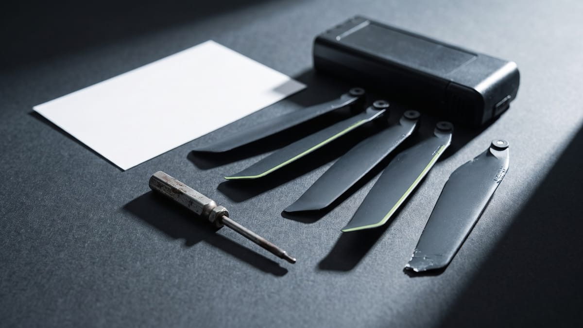Eliche di ricambio, cacciavite e batteria disposti su fondo grafite con luce laterale dura