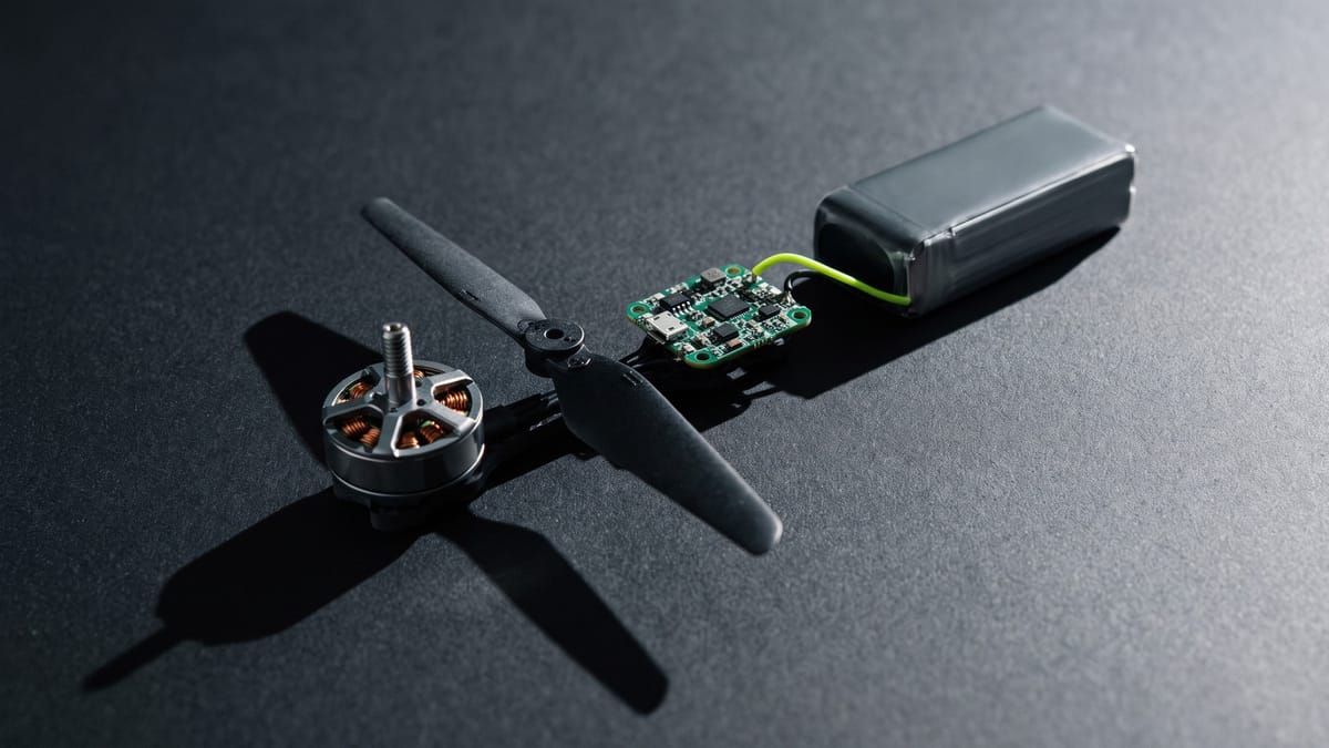 Motore, elica, scheda elettronica e batteria allineati su fondo grafite
