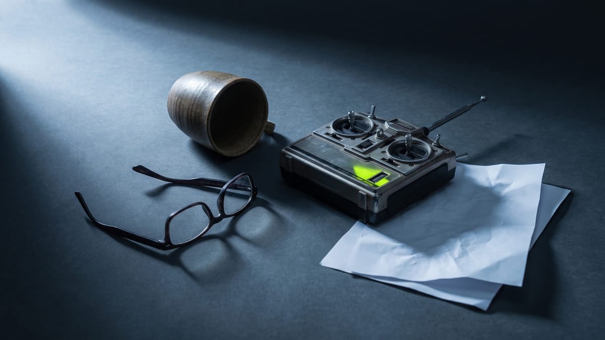Occhiali, tazza vuota e radiocomando su fondo grafite con luce laterale dura